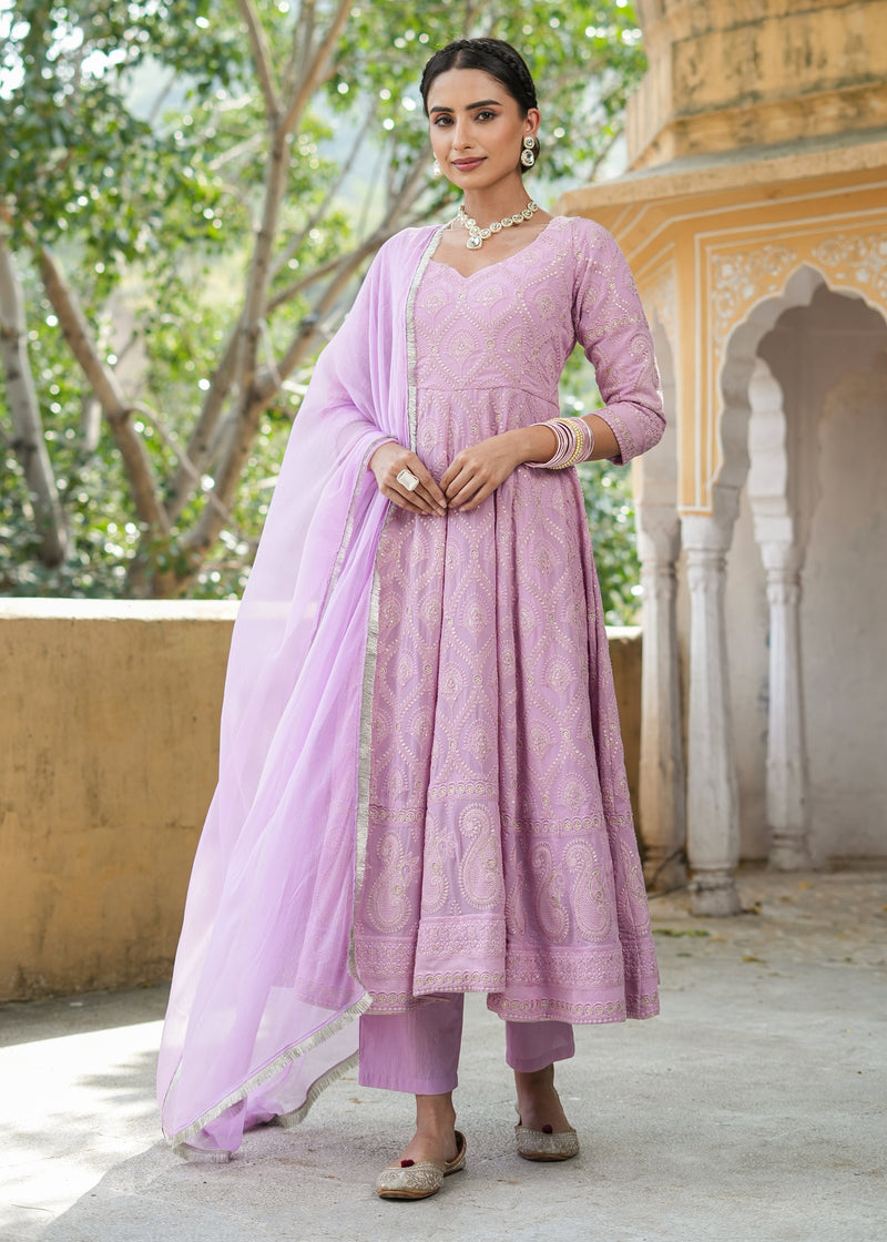 Asmee Lavender Chikankari Anarkali Suit set with Dupatta