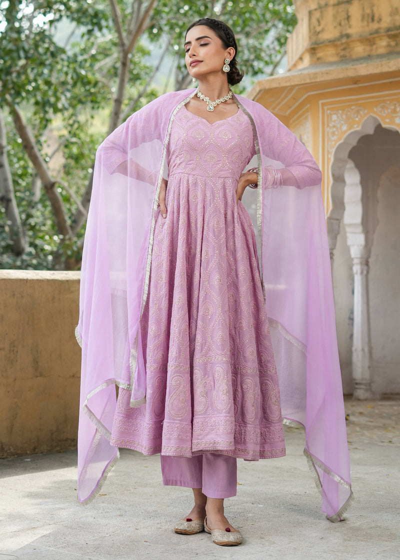 Asmee Lavender Chikankari Anarkali Suit set with Dupatta