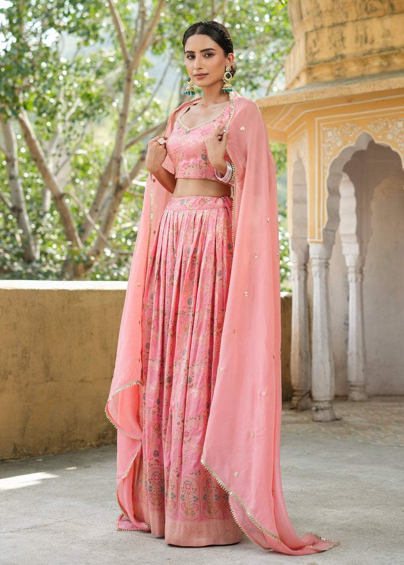 Adwita Pink Silk Jacquard Printed Lehenga set