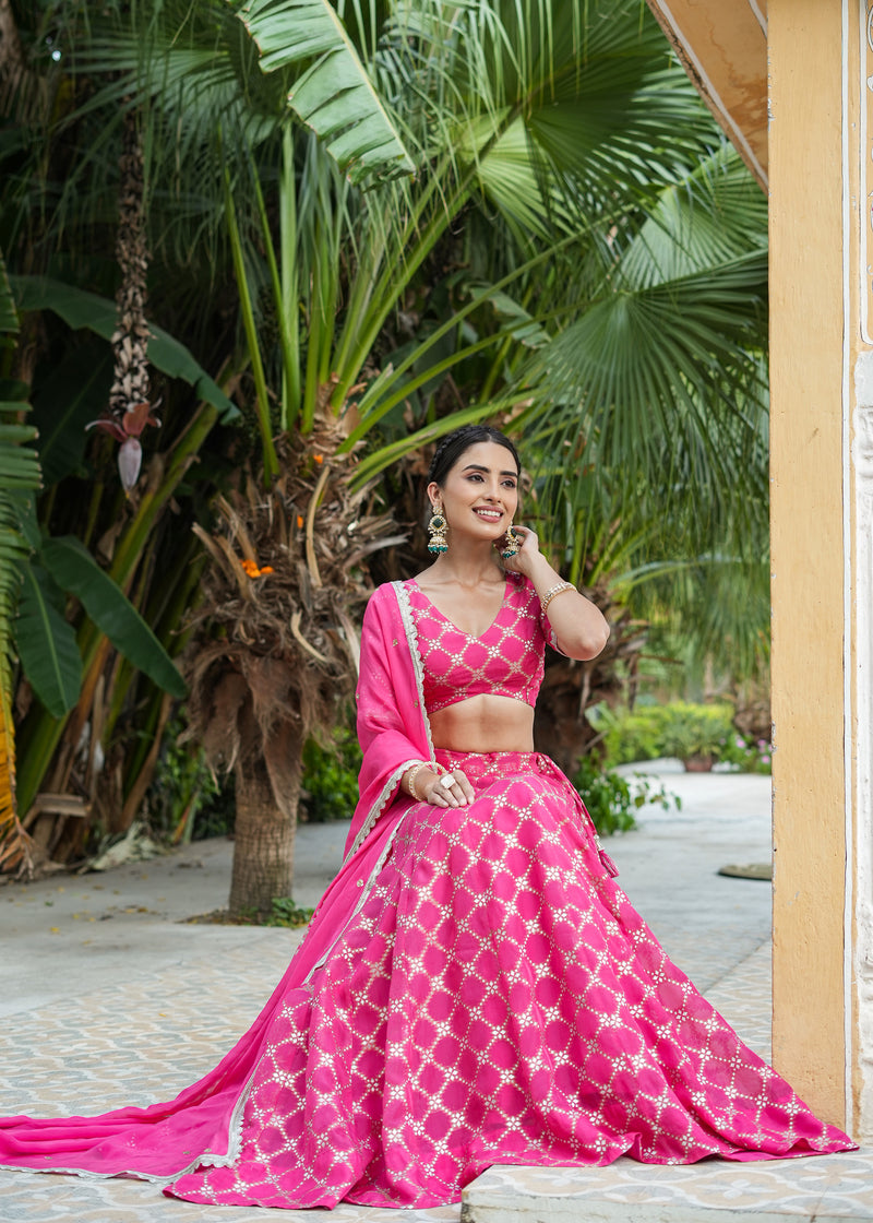 Dhriti Pink Organza Jacquard lehenga set