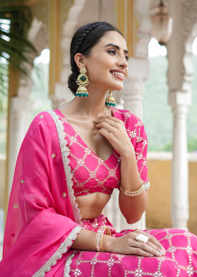 Dhriti Pink Organza Jacquard lehenga set