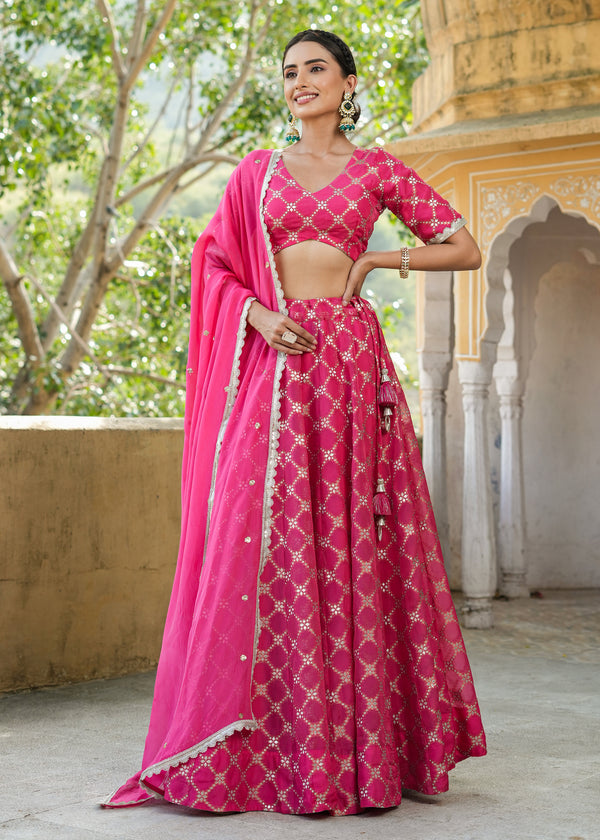 Dhriti Pink Organza Jacquard lehenga set