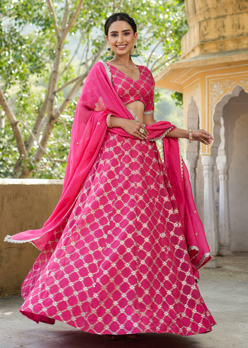 Dhriti Pink Organza Jacquard lehenga set