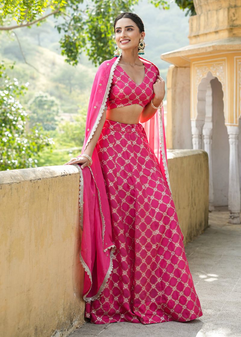 Dhriti Pink Organza Jacquard lehenga set