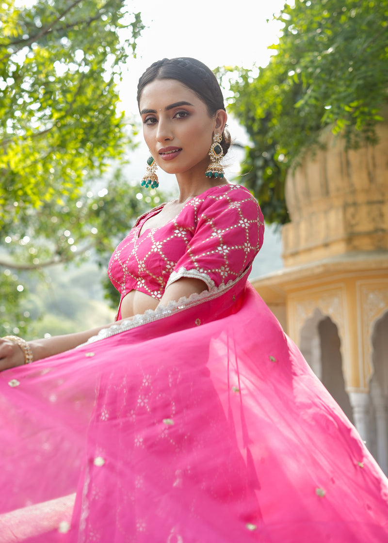 Dhriti Pink Organza Jacquard lehenga set