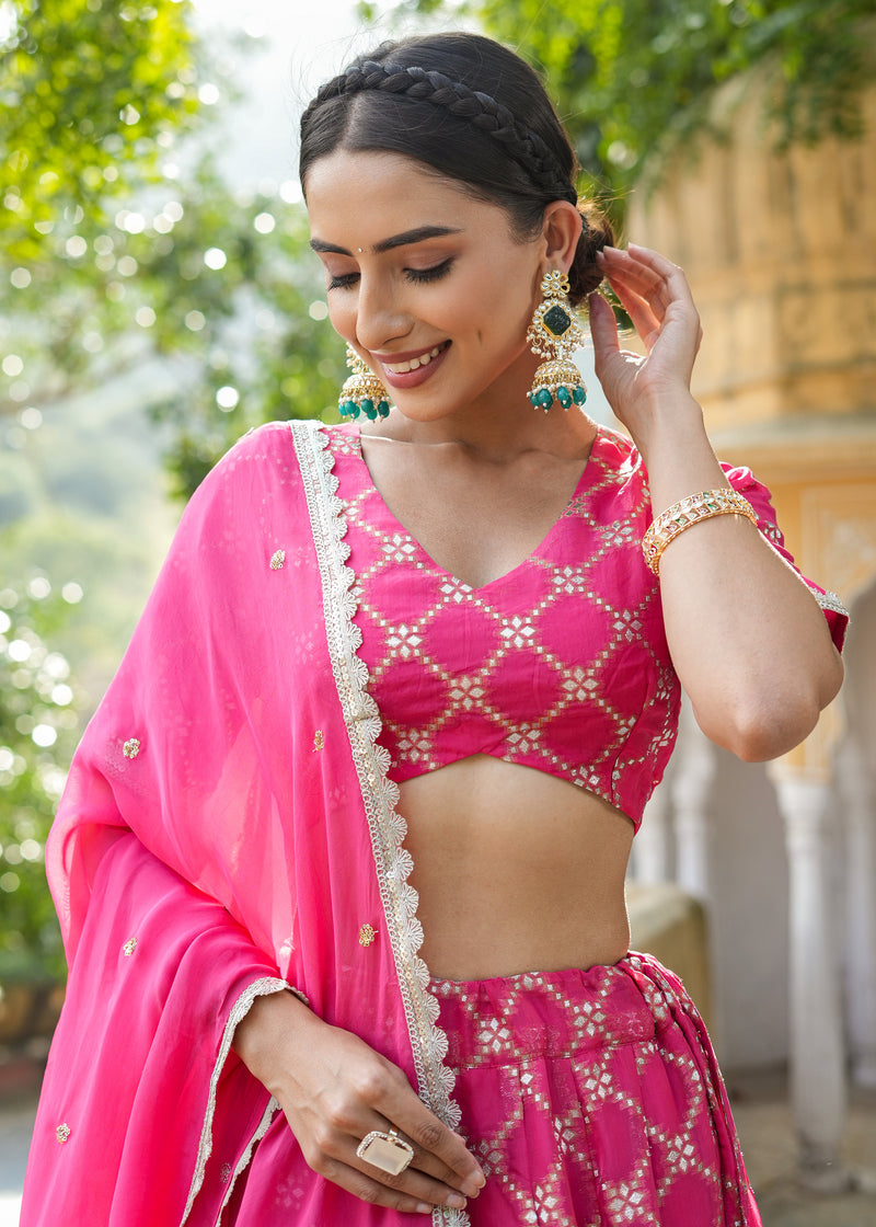 Dhriti Pink Organza Jacquard lehenga set