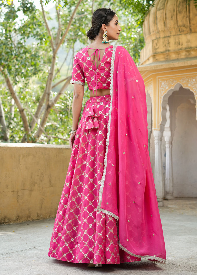 Dhriti Pink Organza Jacquard lehenga set