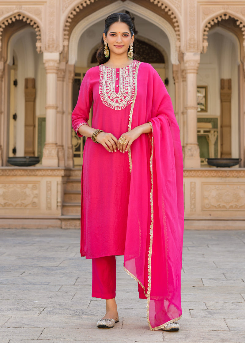 Aabha Pink Embroidered Straight Suit set with Dupatta