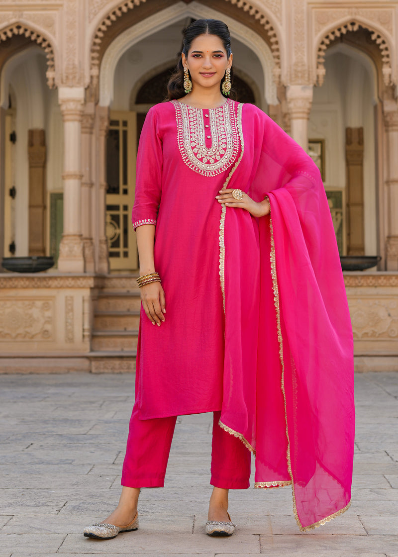 Aabha Pink Embroidered Straight Suit set with Dupatta