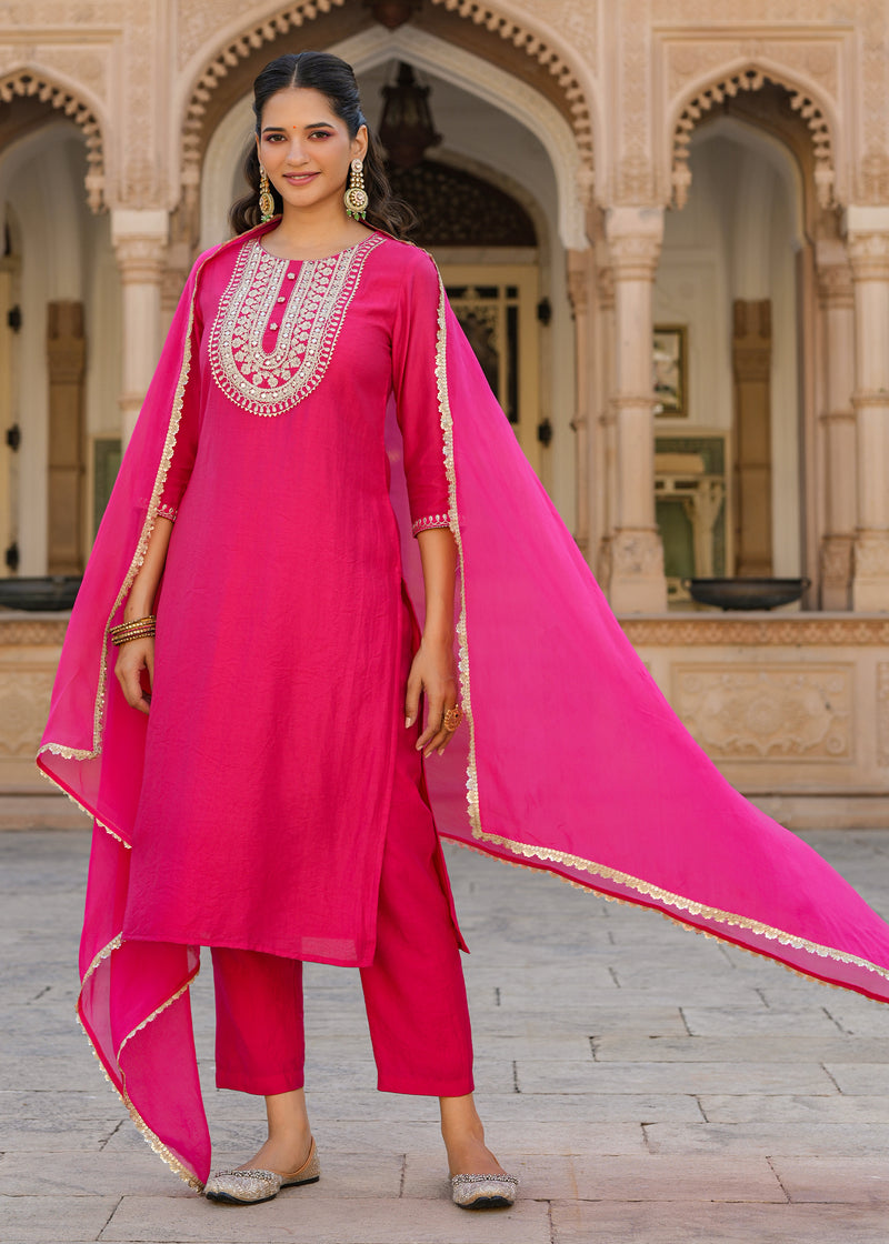 Aabha Pink Embroidered Straight Suit set with Dupatta