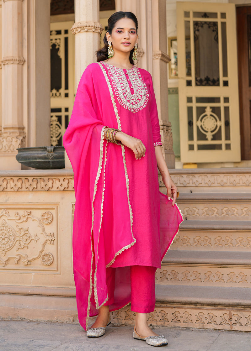 Aabha Pink Embroidered Straight Suit set with Dupatta