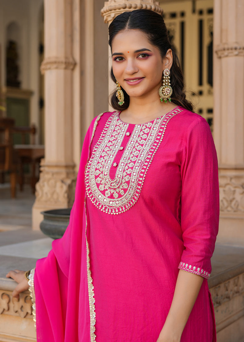 Aabha Pink Embroidered Straight Suit set with Dupatta