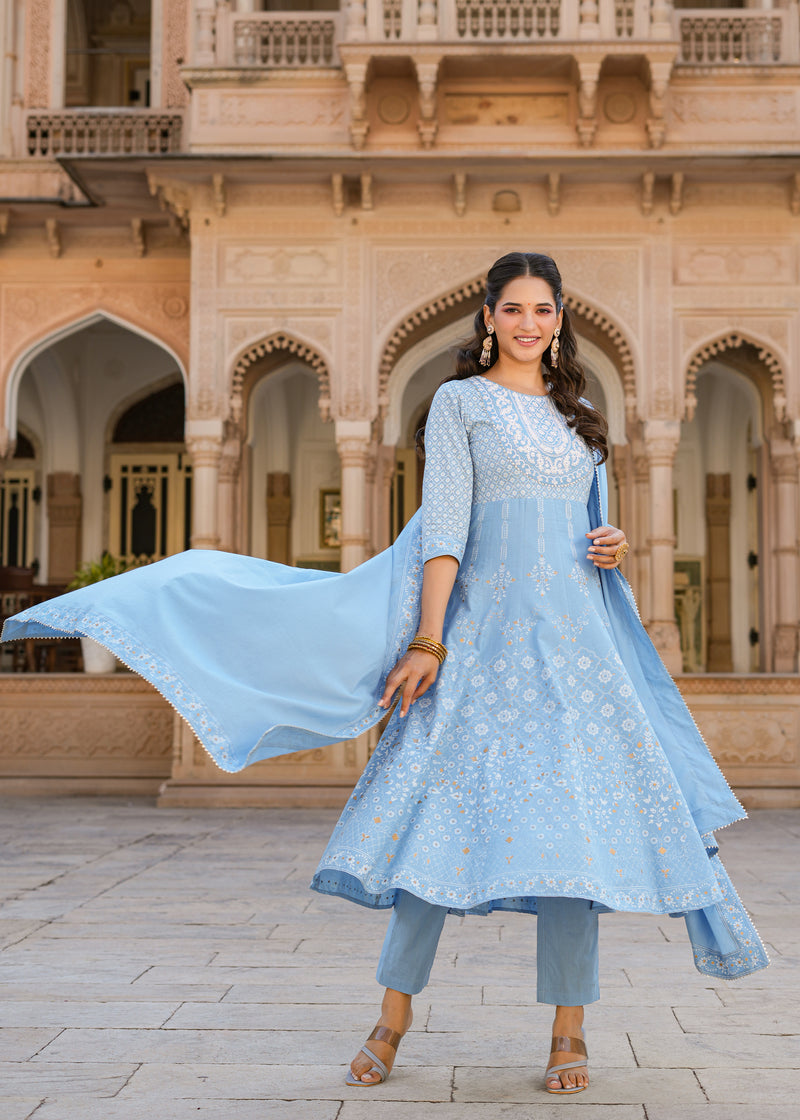 Lipika Powder Blue Printed Anarkali Suit set with Dupatta