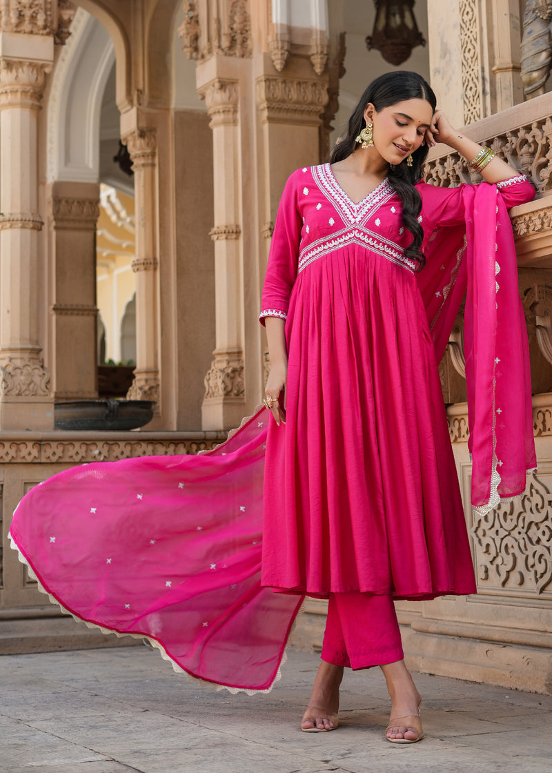 Pritika Pink Embroidered Alia Cut Suit set with Dupatta