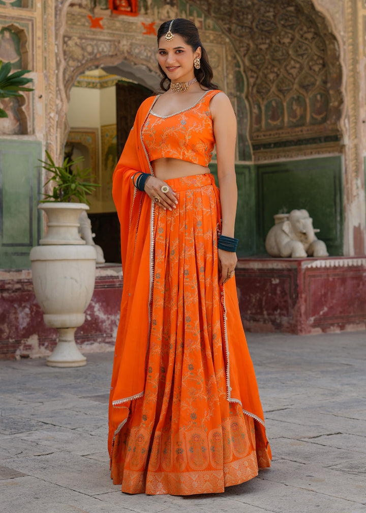 Kesar Orange Silk Jacquard Printed Lehenga set