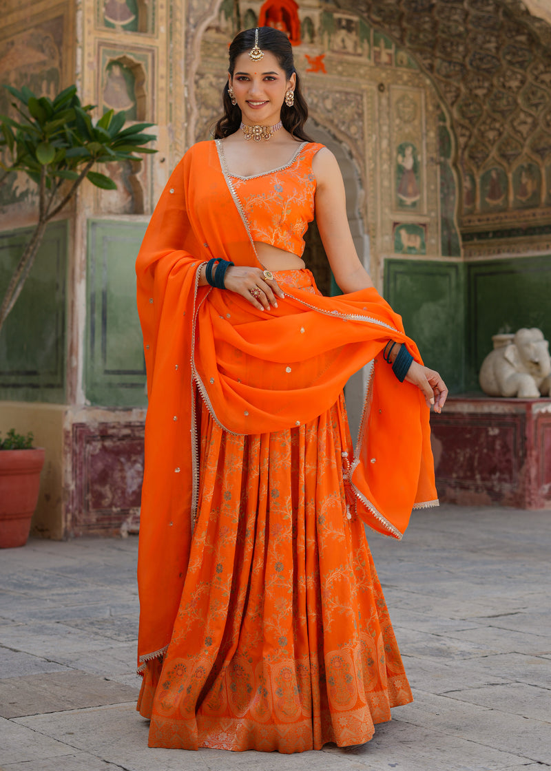 Kesar Orange Silk Jacquard Printed Lehenga set