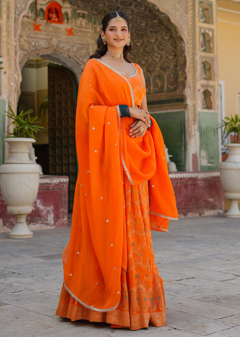 Kesar Orange Silk Jacquard Printed Lehenga set
