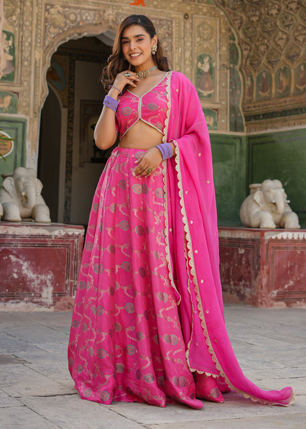 Shubhra Pink Silk Jacquard Printed Lehenga set