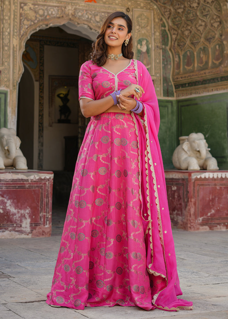 Shubhra Pink Silk Jacquard Printed Lehenga set