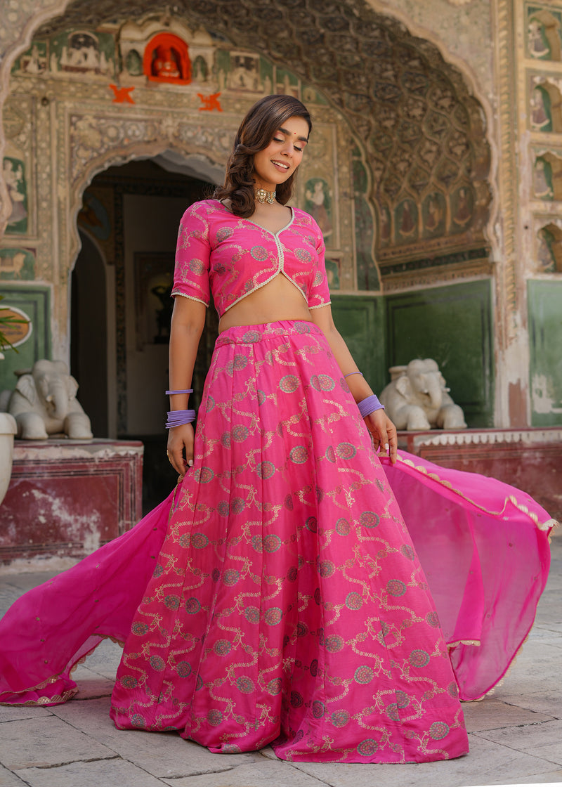 Shubhra Pink Silk Jacquard Printed Lehenga set