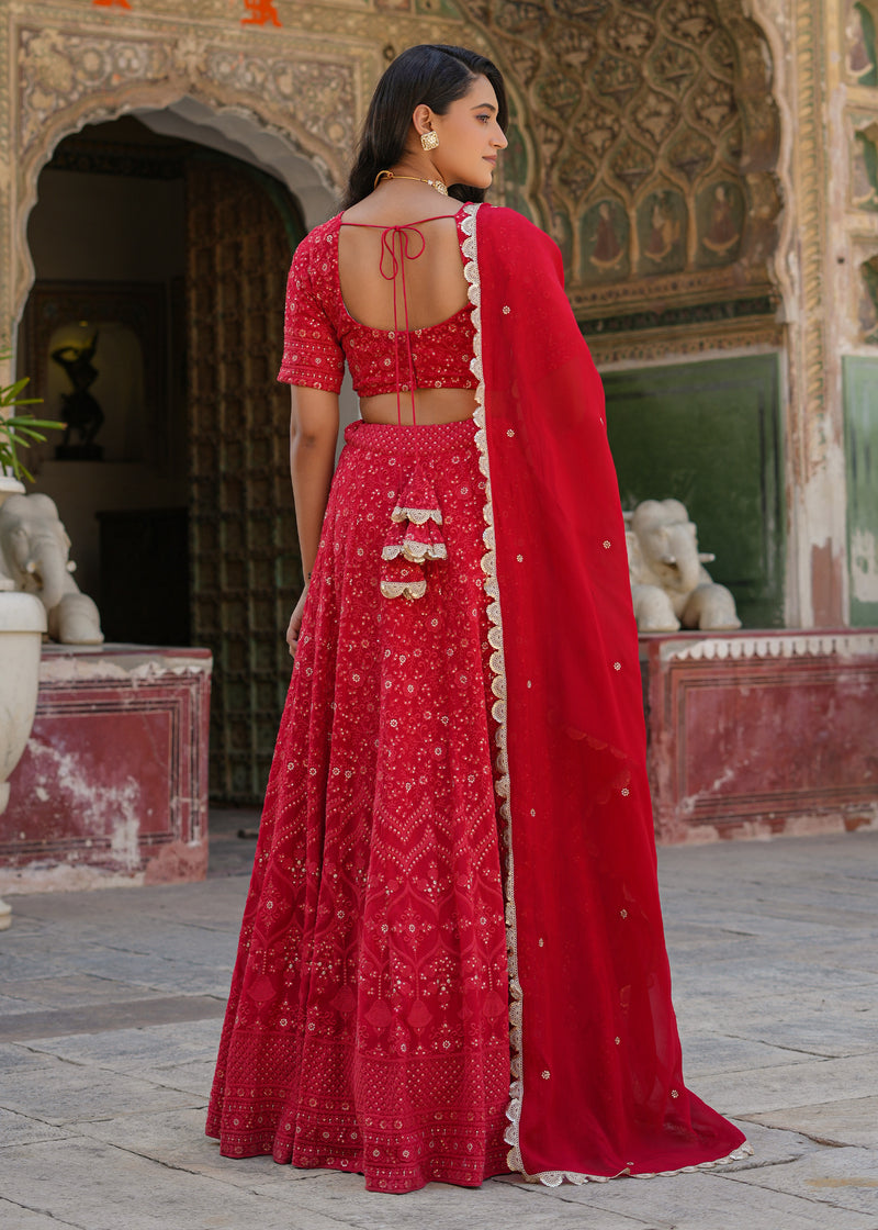 Dastoor Red Lucknowi Embroidered Lehenga set