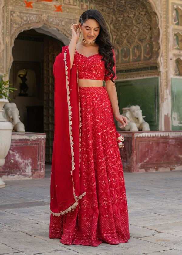 Dastoor Red Lucknowi Embroidered Lehenga set