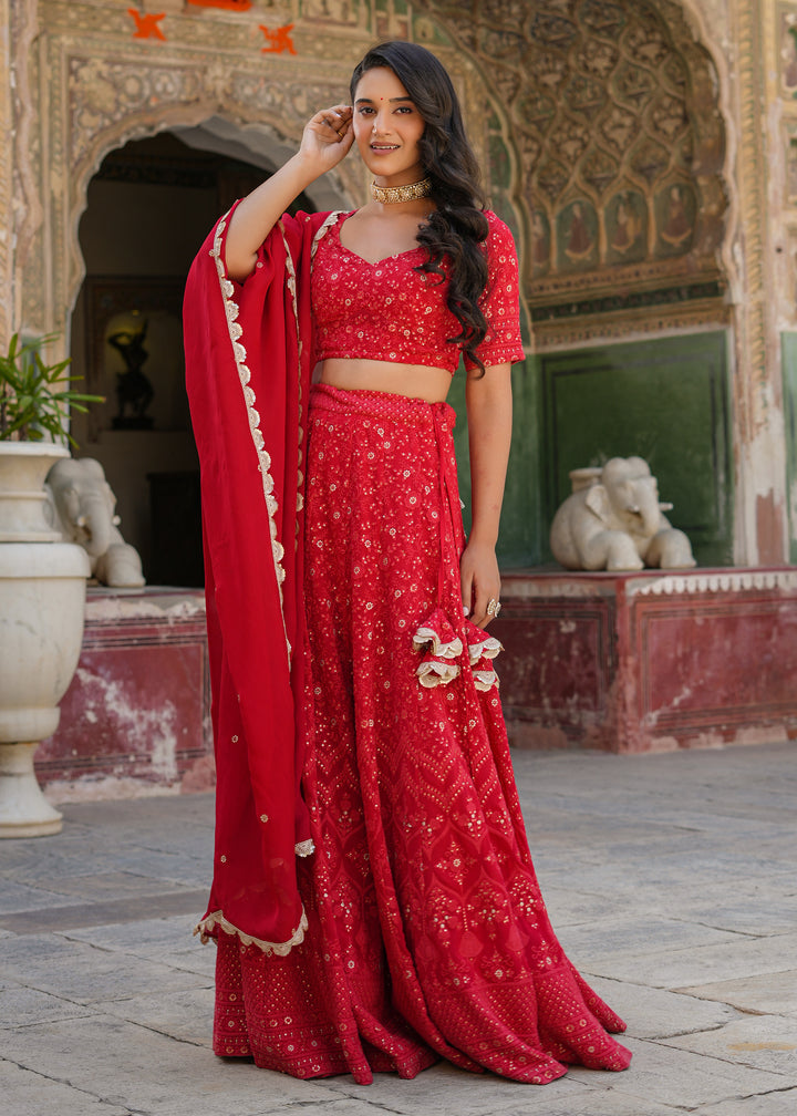 Dastoor Red Lucknowi Embroidered Lehenga set
