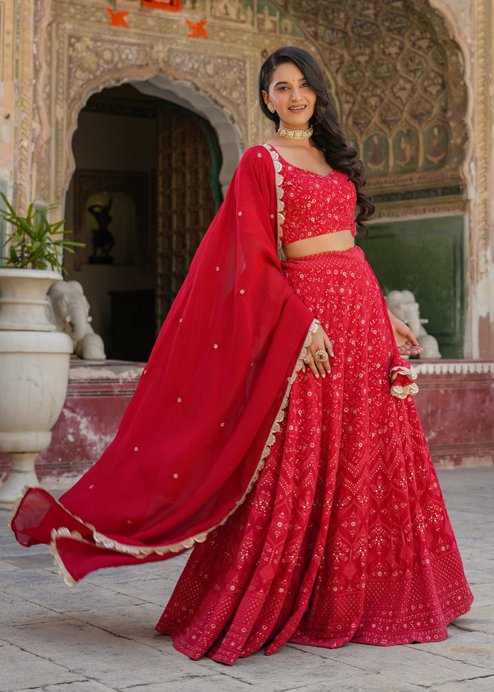 Dastoor Red Lucknowi Embroidered Lehenga set