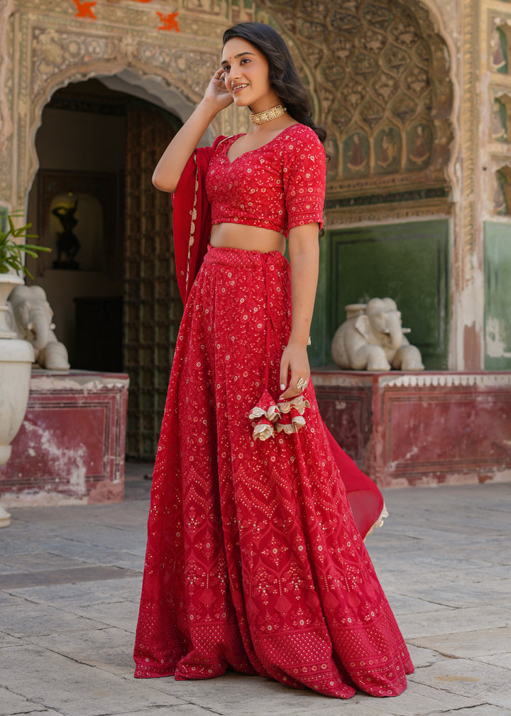 Dastoor Red Lucknowi Embroidered Lehenga set