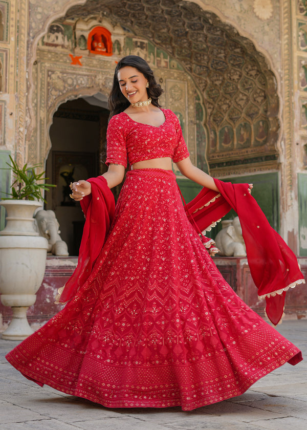 Dastoor Red Lucknowi Embroidered Lehenga set