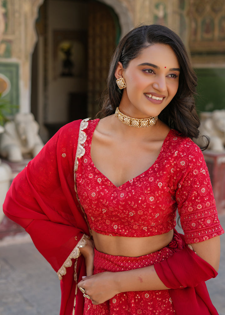 Dastoor Red Lucknowi Embroidered Lehenga set
