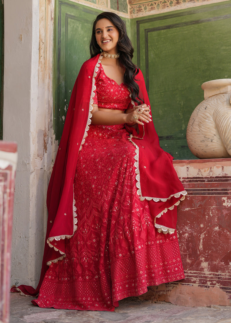 Dastoor Red Lucknowi Embroidered Lehenga set