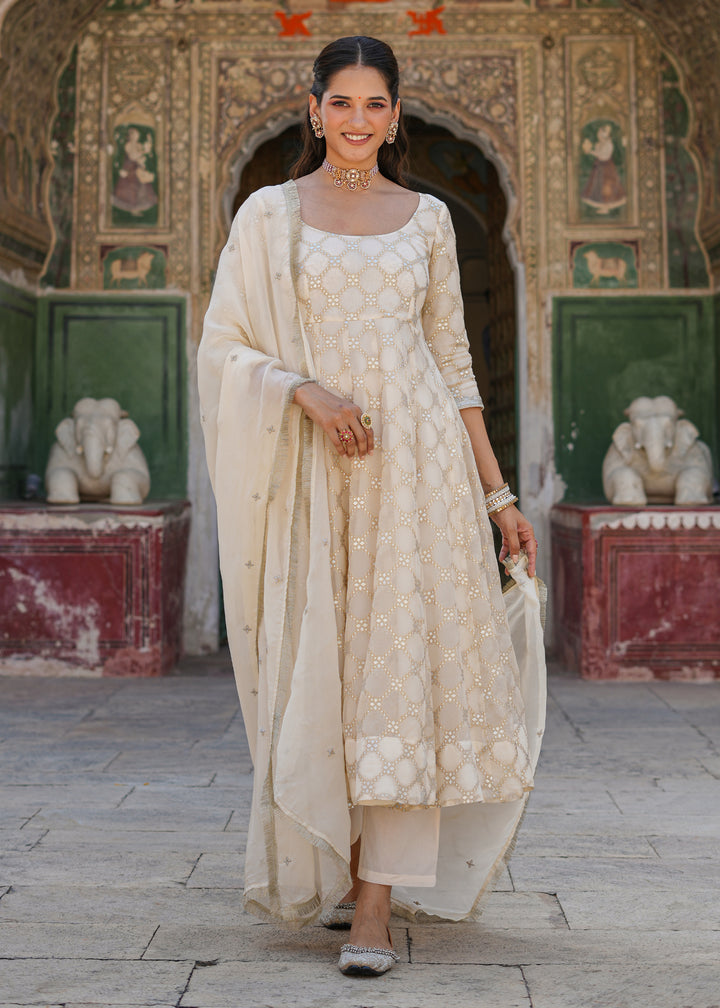 Vidhi Ivory Jacquard Anarkali Suit set with Dupatta