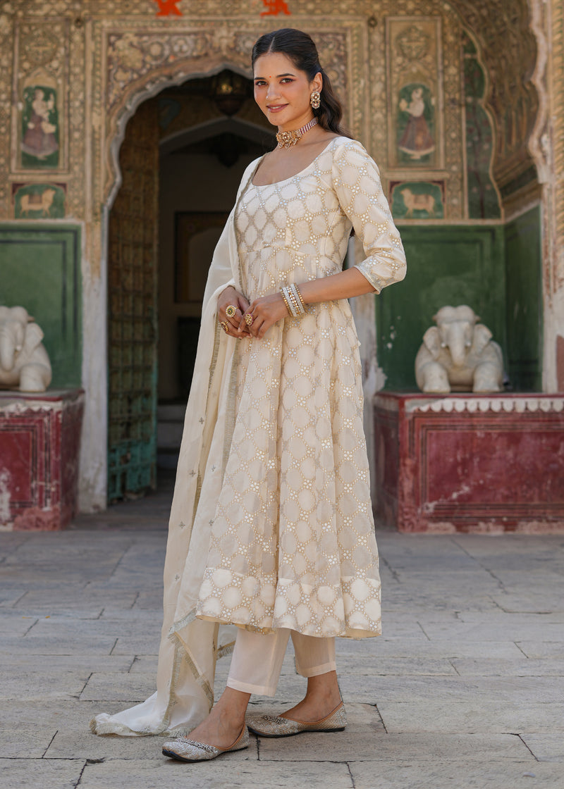 Vidhi Ivory Jacquard Anarkali Suit set with Dupatta