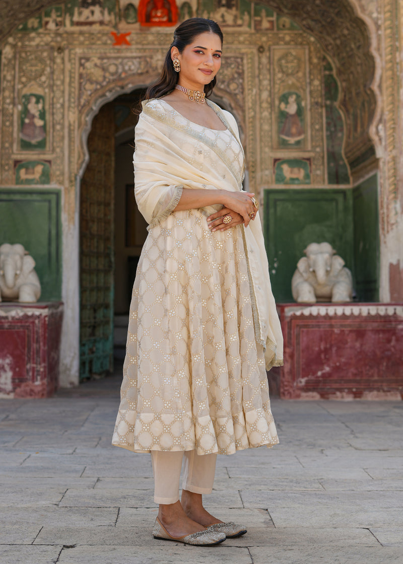 Vidhi Ivory Jacquard Anarkali Suit set with Dupatta