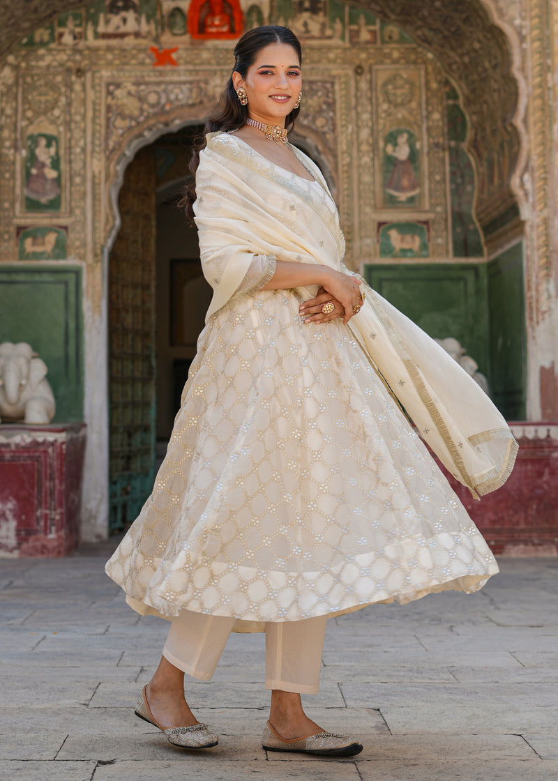 Vidhi Ivory Jacquard Anarkali Suit set with Dupatta