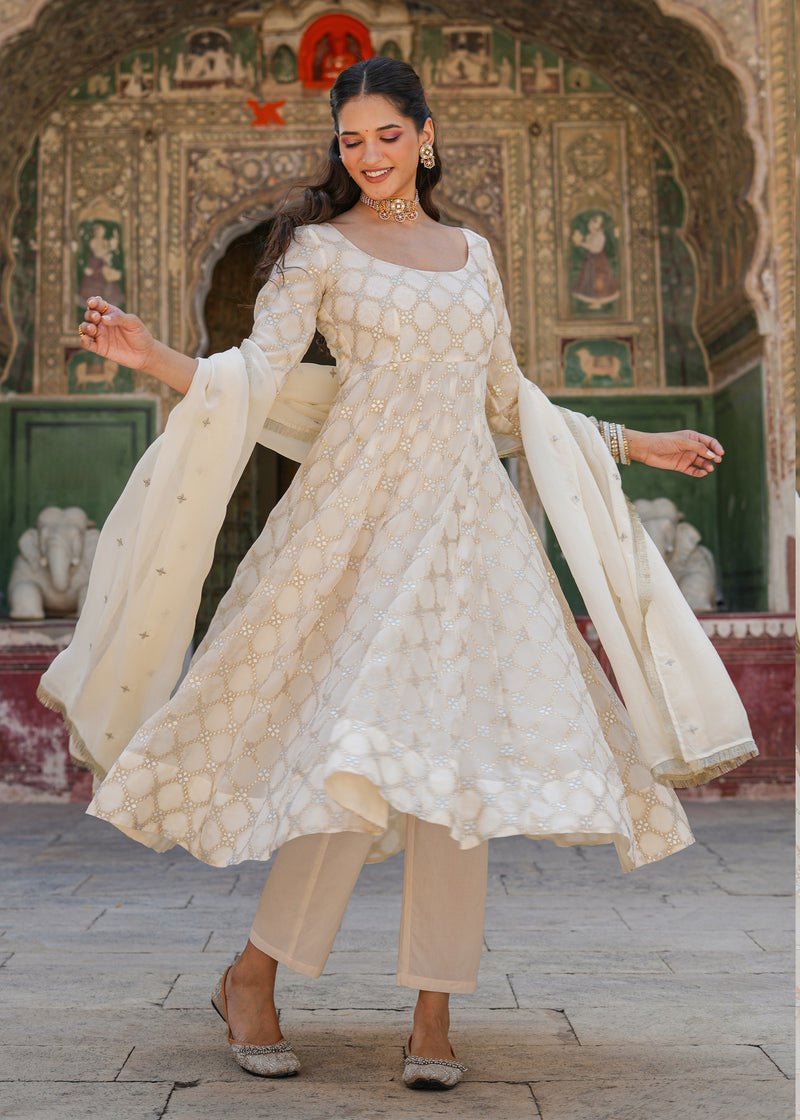 Vidhi Ivory Jacquard Anarkali Suit set with Dupatta