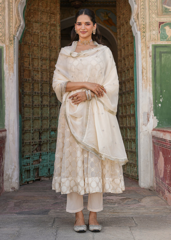 Vidhi Ivory Jacquard Anarkali Suit set with Dupatta