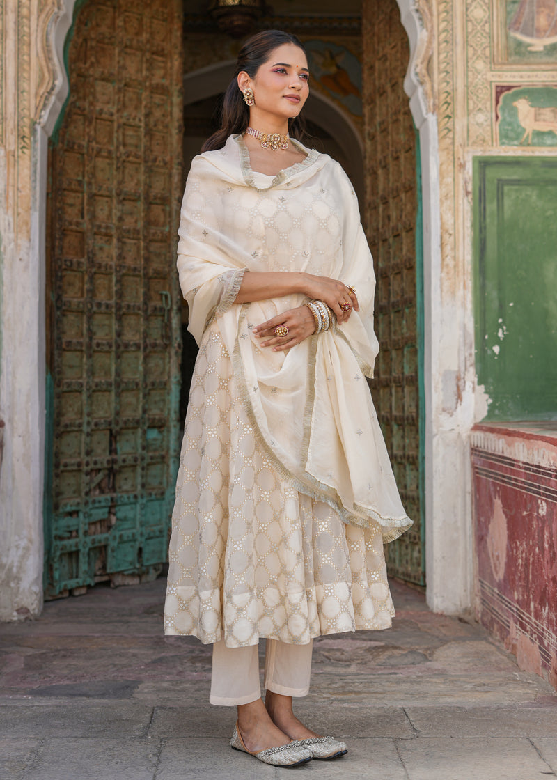 Vidhi Ivory Jacquard Anarkali Suit set with Dupatta