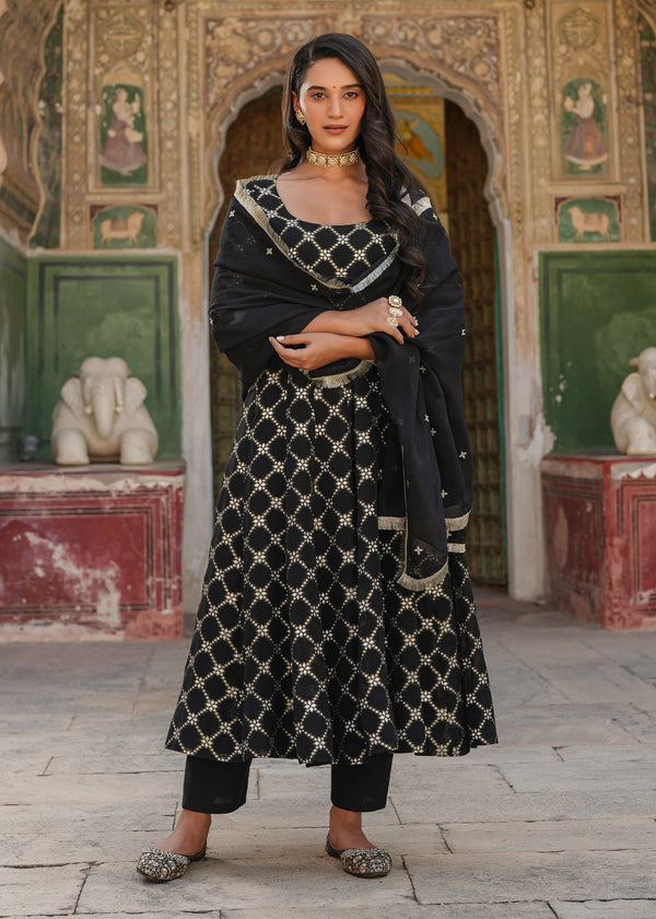 Aarohi Black Jacquard Anarkali Suit set with Dupatta