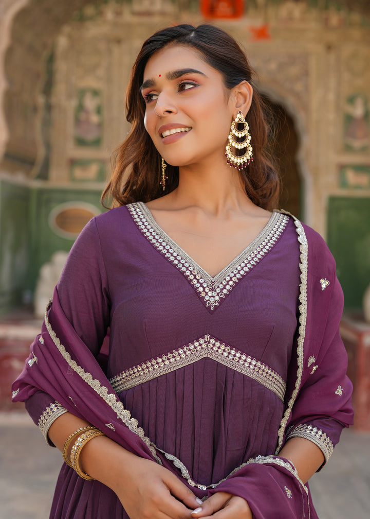 Niti Purple Embroidered Alia Cut Suit set with Dupatta