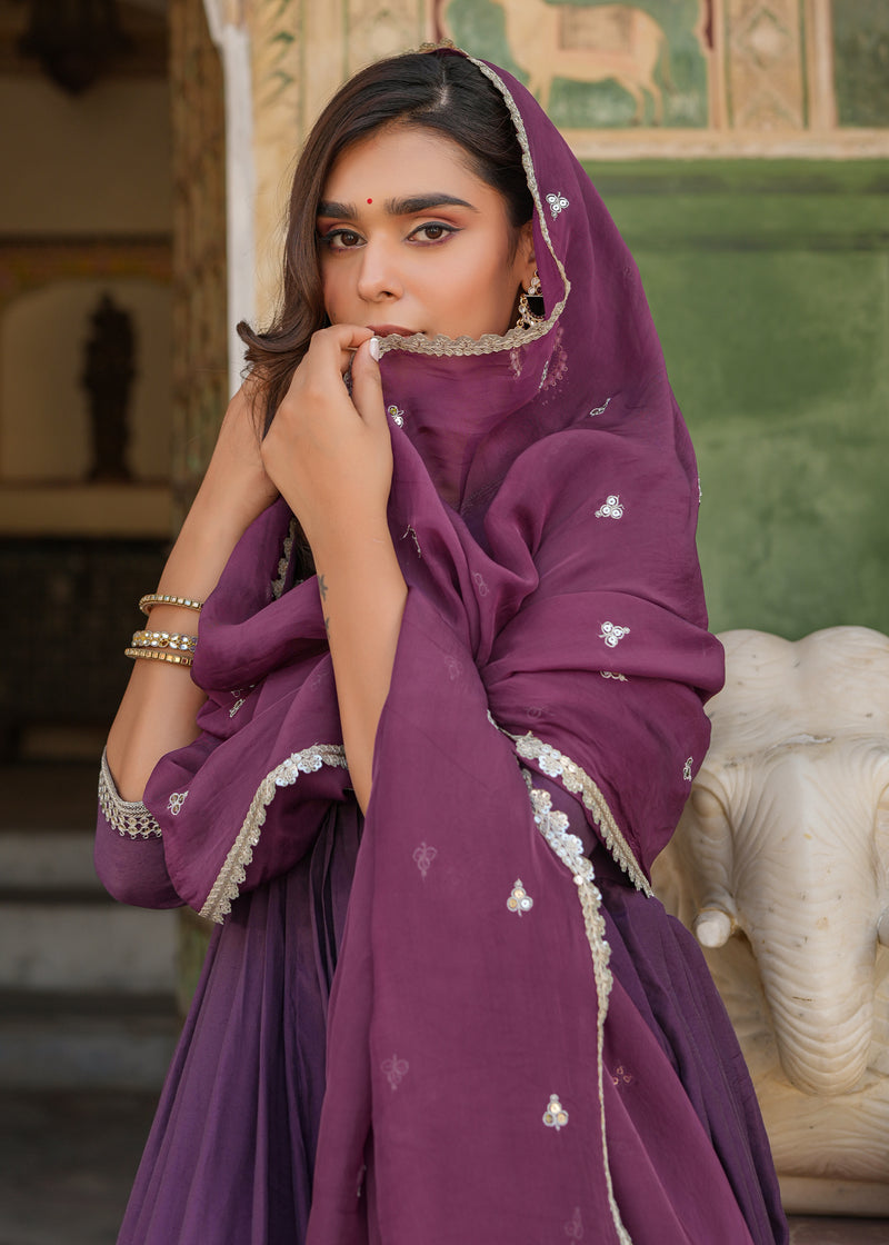 Niti Purple Embroidered Alia Cut Suit set with Dupatta