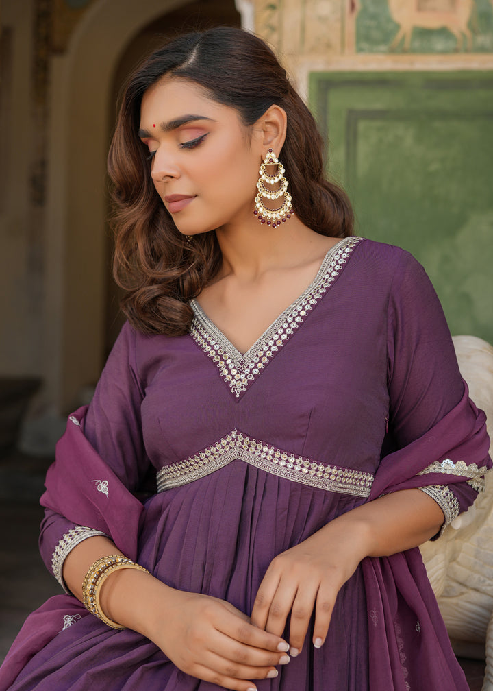 Niti Purple Embroidered Alia Cut Suit set with Dupatta