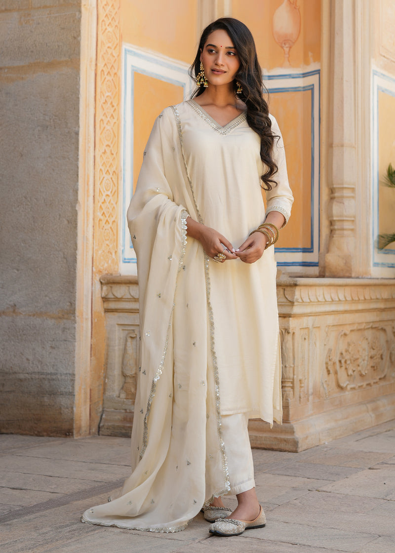 Ishin Ivory Embroidered Chanderi Straight Suit set with Dupatta