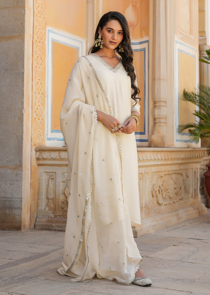Ishin Ivory Embroidered Chanderi Straight Suit set with Dupatta