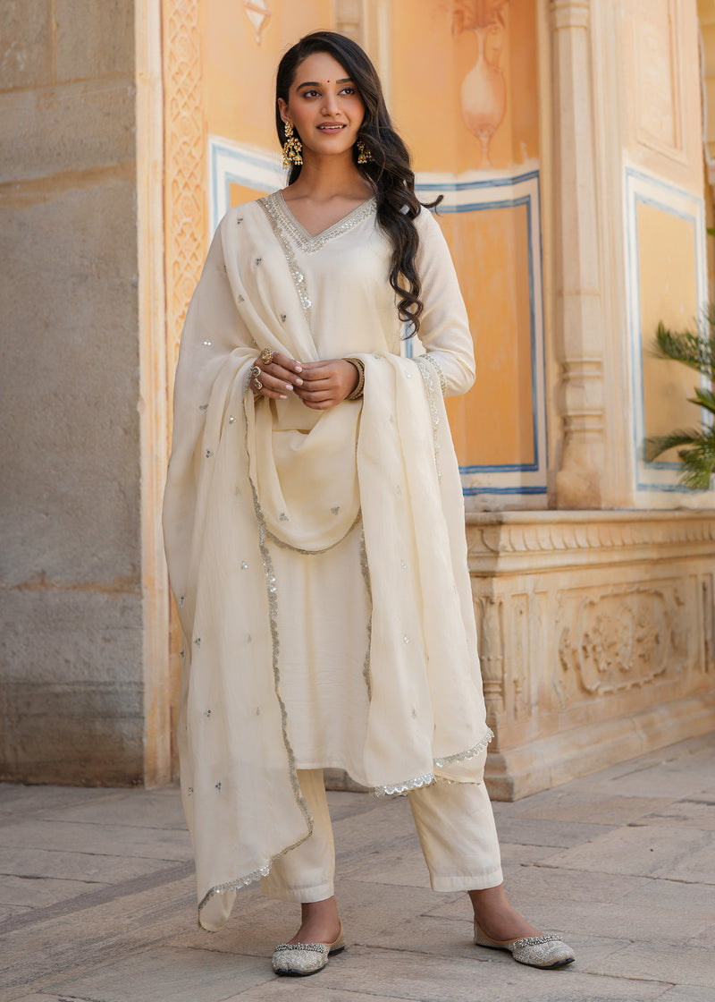 Ishin Ivory Embroidered Chanderi Straight Suit set with Dupatta