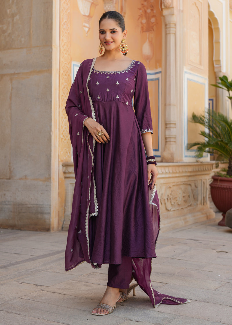 Mishka Purple Embroidered Chanderi Suit set with Dupatta