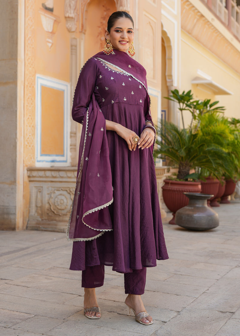 Mishka Purple Embroidered Chanderi Suit set with Dupatta