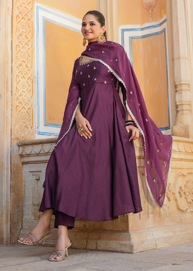 Mishka Purple Embroidered Chanderi Suit set with Dupatta