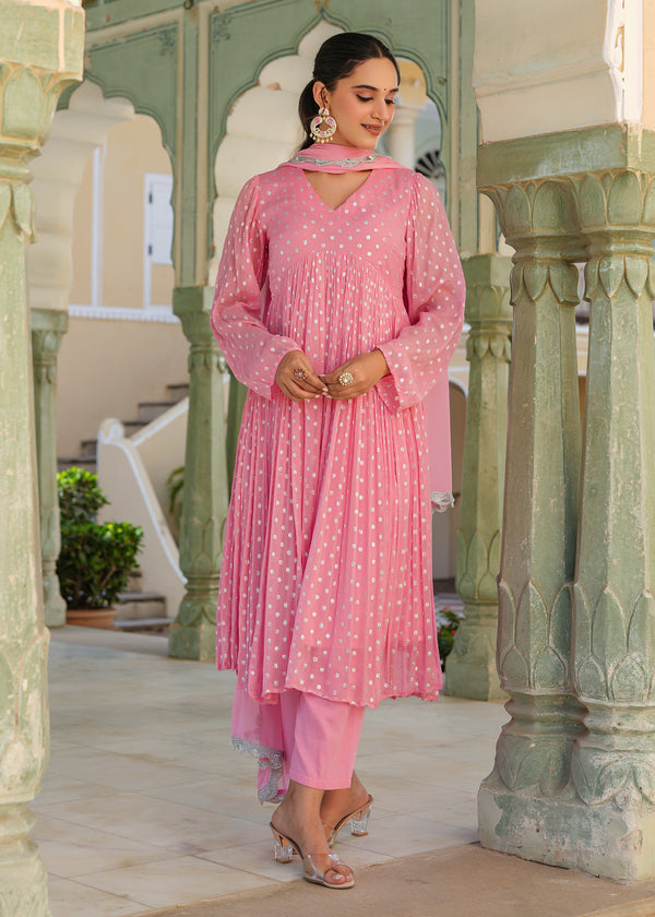 Blossom Pink Lurex Flared Kurta With Pant & Dupatta